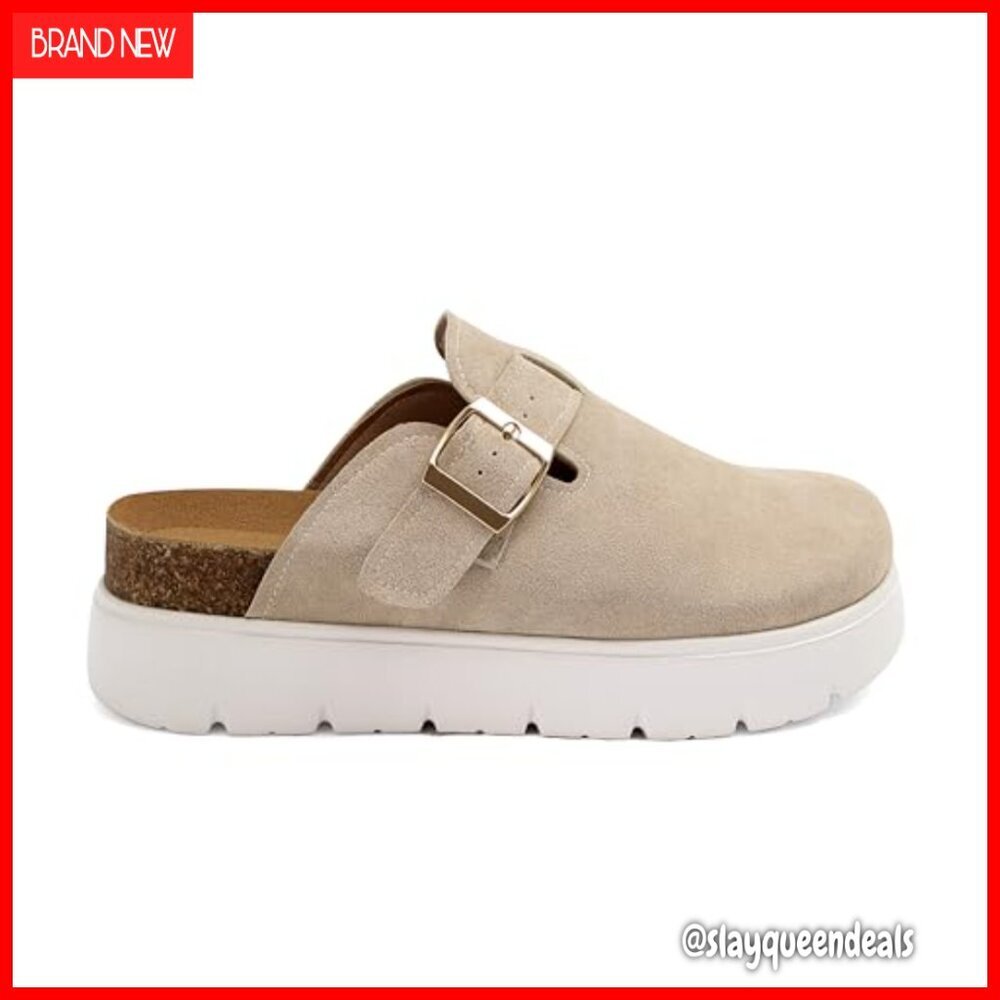 Platform Clogs Women Slip-On Cork Footbed Suede Leather Comfortable Mules - Picture 4 of 7